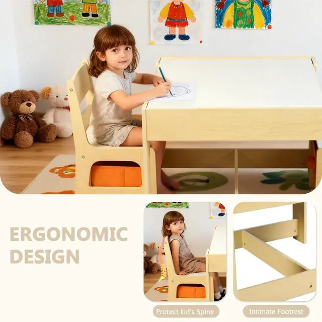 Alt view image 4 of 6 - Kids Wood Table & 2 Chairs Set, Blackboard, Storage, Natural | 3 in 1 Children Activity Table, Studying, Drawing, Toddler Furniture Set for Playroom, Classroom, Daycare, Home, 3 Years+