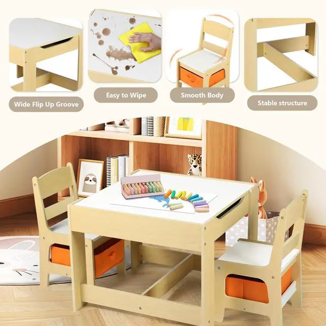 Alt view image 5 of 6 - Kids Wood Table & 2 Chairs Set, Blackboard, Storage, Natural | 3 in 1 Children Activity Table, Studying, Drawing, Toddler Furniture Set for Playroom, Classroom, Daycare, Home, 3 Years+