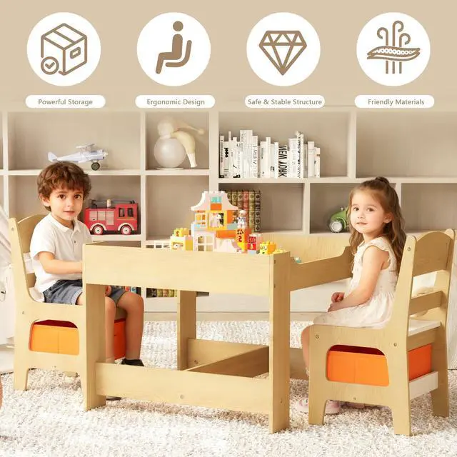 Alt view image 6 of 6 - Kids Wood Table & 2 Chairs Set, Blackboard, Storage, Natural | 3 in 1 Children Activity Table, Studying, Drawing, Toddler Furniture Set for Playroom, Classroom, Daycare, Home, 3 Years+