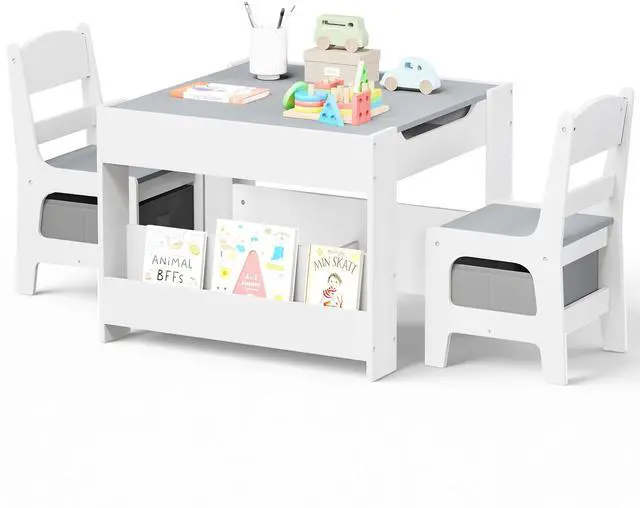 Main image of Kids Wood Table & 2 Chairs Set, Blackboard,Bookshelf, Grey | 4 in 1 Children Activity Table w/Storage, Studying, Drawing, Toddler Furniture Set for Playroom, Daycare, Home, 3 Years+