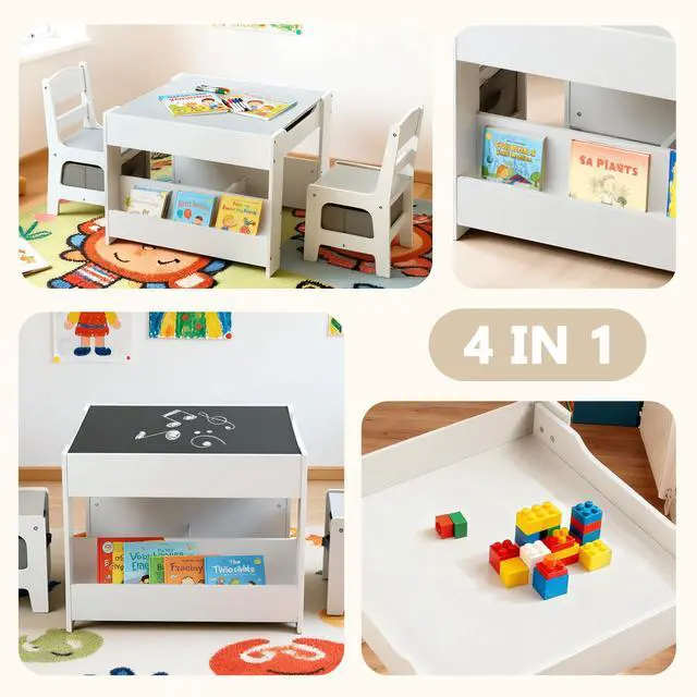 Alt view image 2 of 6 - Kids Wood Table & 2 Chairs Set, Blackboard,Bookshelf, Grey | 4 in 1 Children Activity Table w/Storage, Studying, Drawing, Toddler Furniture Set for Playroom, Daycare, Home, 3 Years+
