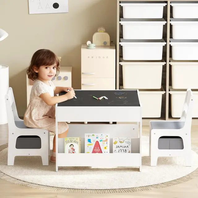 Alt view image 3 of 6 - Kids Wood Table & 2 Chairs Set, Blackboard,Bookshelf, Grey | 4 in 1 Children Activity Table w/Storage, Studying, Drawing, Toddler Furniture Set for Playroom, Daycare, Home, 3 Years+