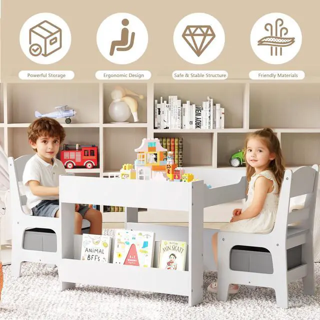 Alt view image 4 of 6 - Kids Wood Table & 2 Chairs Set, Blackboard,Bookshelf, Grey | 4 in 1 Children Activity Table w/Storage, Studying, Drawing, Toddler Furniture Set for Playroom, Daycare, Home, 3 Years+