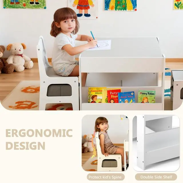 Alt view image 5 of 6 - Kids Wood Table & 2 Chairs Set, Blackboard,Bookshelf, Grey | 4 in 1 Children Activity Table w/Storage, Studying, Drawing, Toddler Furniture Set for Playroom, Daycare, Home, 3 Years+