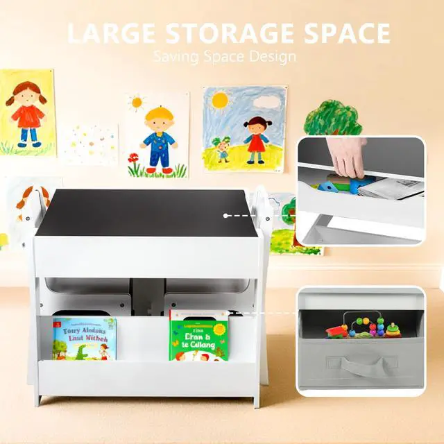 Alt view image 6 of 6 - Kids Wood Table & 2 Chairs Set, Blackboard,Bookshelf, Grey | 4 in 1 Children Activity Table w/Storage, Studying, Drawing, Toddler Furniture Set for Playroom, Daycare, Home, 3 Years+