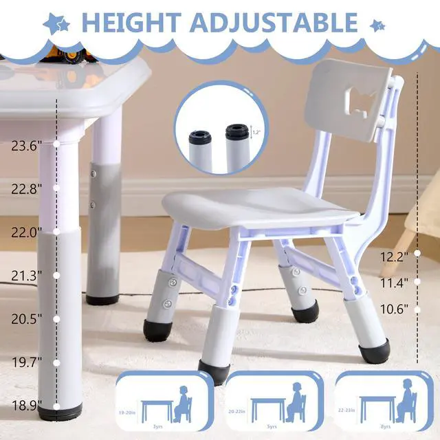 Alt view image 2 of 6 - Kids Table & Chairs Set (2 Chairs), Height Adjustable Toddler Table and Chair Set for Kids Ages 3-8 with Graffiti Desktop, Learning & Art Activity Desk for Classroom, Home, Daycare (Grey)