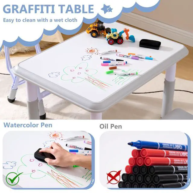 Alt view image 4 of 6 - Kids Table & Chairs Set (2 Chairs), Height Adjustable Toddler Table and Chair Set for Kids Ages 3-8 with Graffiti Desktop, Learning & Art Activity Desk for Classroom, Home, Daycare (Grey)