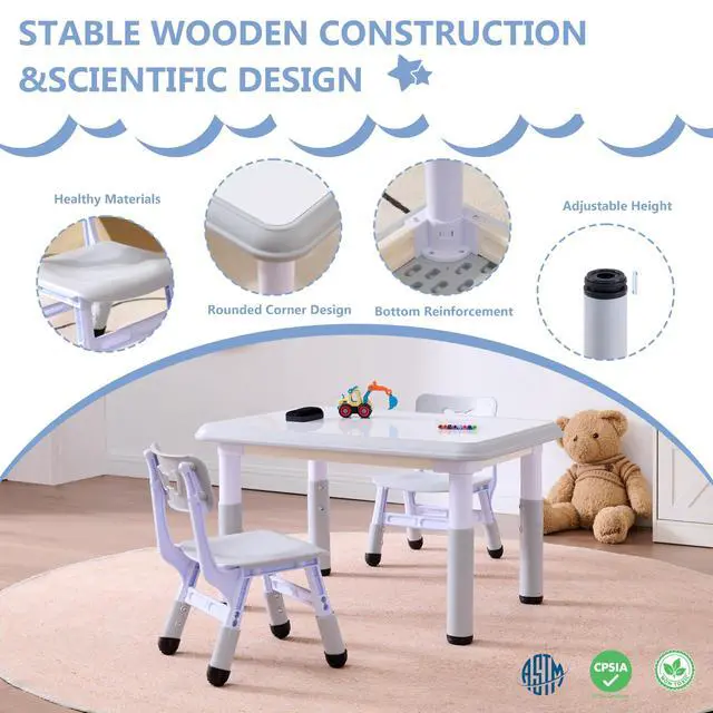 Alt view image 5 of 6 - Kids Table & Chairs Set (2 Chairs), Height Adjustable Toddler Table and Chair Set for Kids Ages 3-8 with Graffiti Desktop, Learning & Art Activity Desk for Classroom, Home, Daycare (Grey)