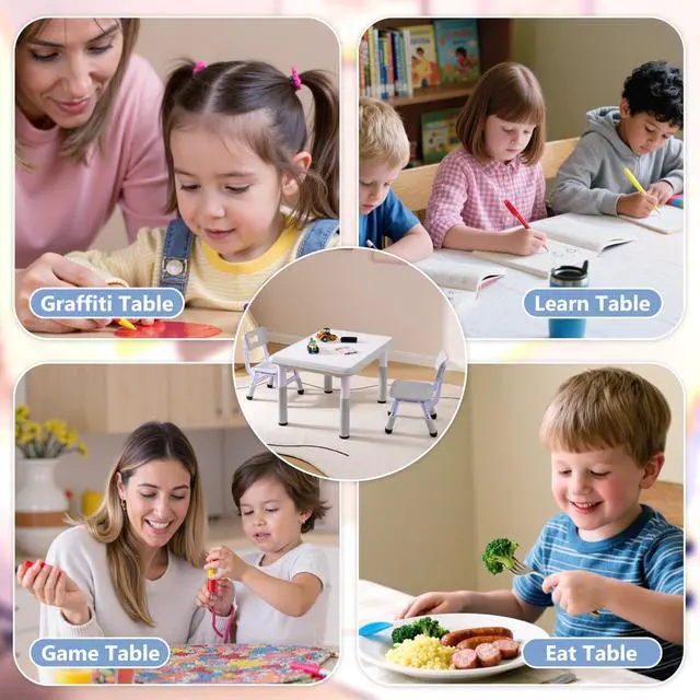 Alt view image 6 of 6 - Kids Table & Chairs Set (2 Chairs), Height Adjustable Toddler Table and Chair Set for Kids Ages 3-8 with Graffiti Desktop, Learning & Art Activity Desk for Classroom, Home, Daycare (Grey)