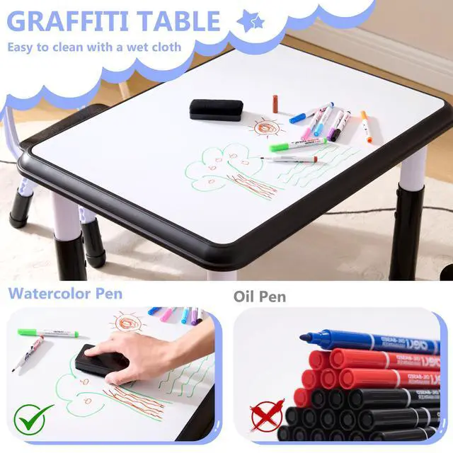 Alt view image 4 of 6 - Kids Table & Chairs Set (2 Chairs), Height Adjustable Toddler Table and Chair Set for Kids Ages 3-8 with Graffiti Desktop, Learning & Art Activity Desk for Classroom, Home, Daycare (Black)