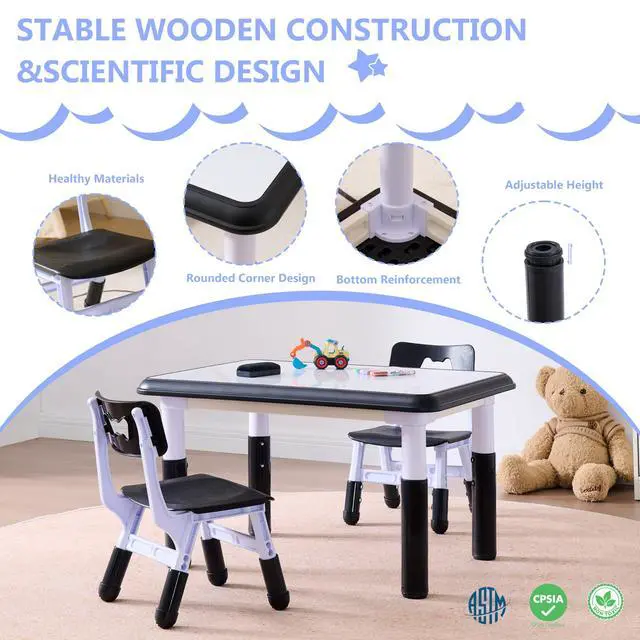 Alt view image 5 of 6 - Kids Table & Chairs Set (2 Chairs), Height Adjustable Toddler Table and Chair Set for Kids Ages 3-8 with Graffiti Desktop, Learning & Art Activity Desk for Classroom, Home, Daycare (Black)