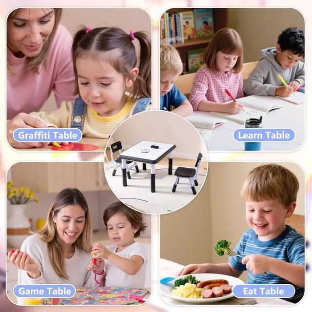 Alt view image 6 of 6 - Kids Table & Chairs Set (2 Chairs), Height Adjustable Toddler Table and Chair Set for Kids Ages 3-8 with Graffiti Desktop, Learning & Art Activity Desk for Classroom, Home, Daycare (Black)