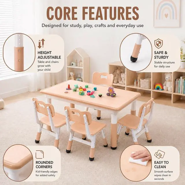Alt view image 2 of 6 - Kids Table and 4 Chairs Set, Height Adjustable Toddler Desk and Chair Set, Children Multi-Activity Table, Graffiti Desktop for Classroom/Daycare/Home, Ages 2-8