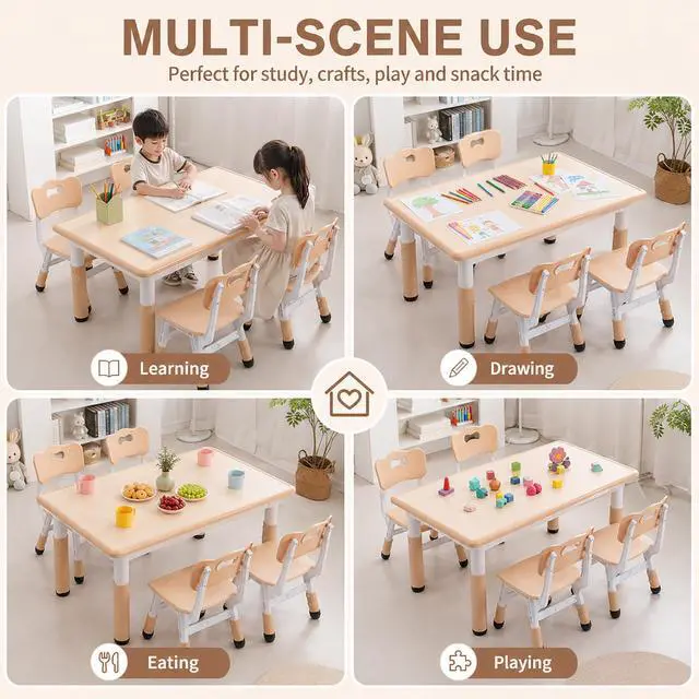 Alt view image 3 of 6 - Kids Table and 4 Chairs Set, Height Adjustable Toddler Desk and Chair Set, Children Multi-Activity Table, Graffiti Desktop for Classroom/Daycare/Home, Ages 2-8