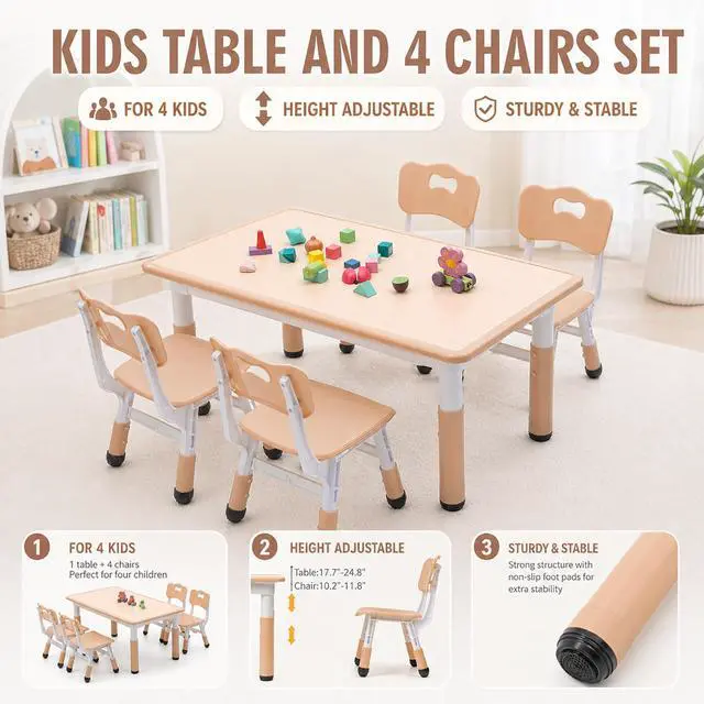 Alt view image 4 of 6 - Kids Table and 4 Chairs Set, Height Adjustable Toddler Desk and Chair Set, Children Multi-Activity Table, Graffiti Desktop for Classroom/Daycare/Home, Ages 2-8