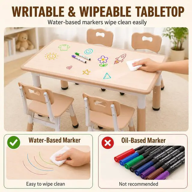 Alt view image 5 of 6 - Kids Table and 4 Chairs Set, Height Adjustable Toddler Desk and Chair Set, Children Multi-Activity Table, Graffiti Desktop for Classroom/Daycare/Home, Ages 2-8