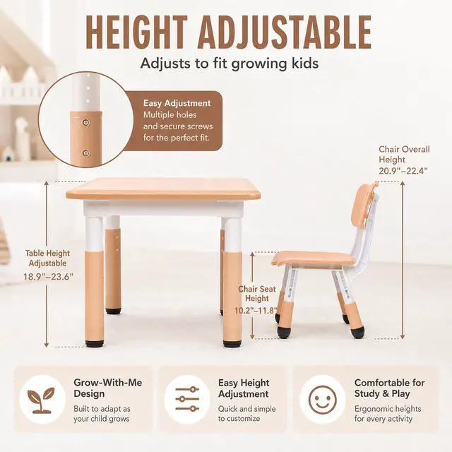 Alt view image 6 of 6 - Kids Table and 4 Chairs Set, Height Adjustable Toddler Desk and Chair Set, Children Multi-Activity Table, Graffiti Desktop for Classroom/Daycare/Home, Ages 2-8