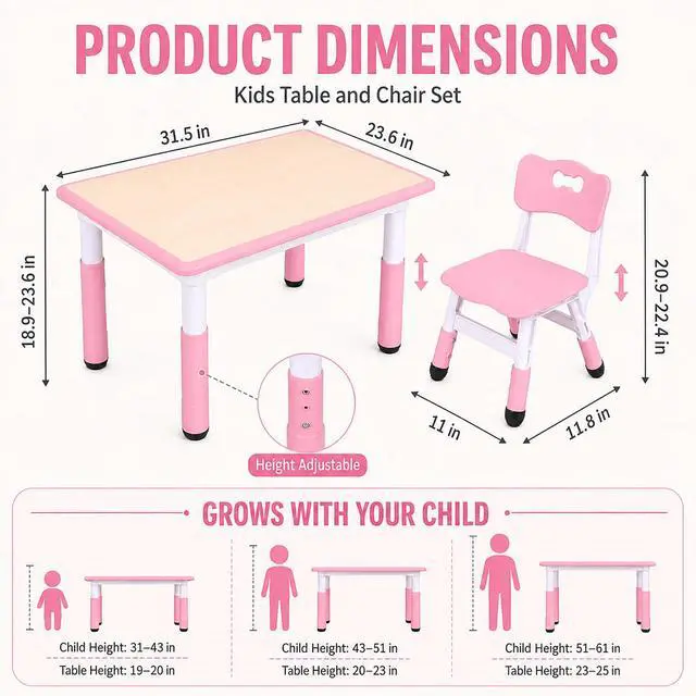 Alt view image 2 of 6 - Kids Table and Chairs Set, Height Adjustable Toddler Activity Table with 2 Chairs, Plastic Study Desk for Drawing, Crafts, Reading, Snack Time and Playroom, Ages 2-10