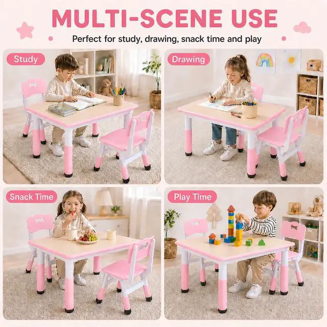 Alt view image 3 of 6 - Kids Table and Chairs Set, Height Adjustable Toddler Activity Table with 2 Chairs, Plastic Study Desk for Drawing, Crafts, Reading, Snack Time and Playroom, Ages 2-10