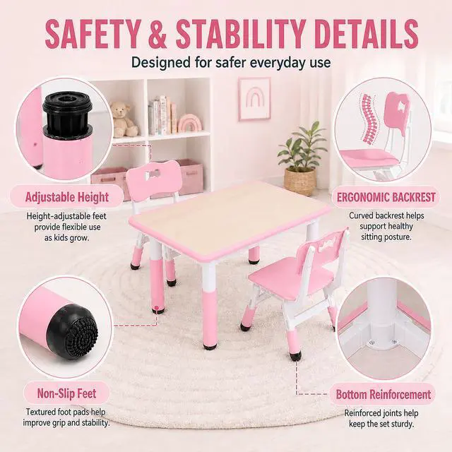 Alt view image 4 of 6 - Kids Table and Chairs Set, Height Adjustable Toddler Activity Table with 2 Chairs, Plastic Study Desk for Drawing, Crafts, Reading, Snack Time and Playroom, Ages 2-10