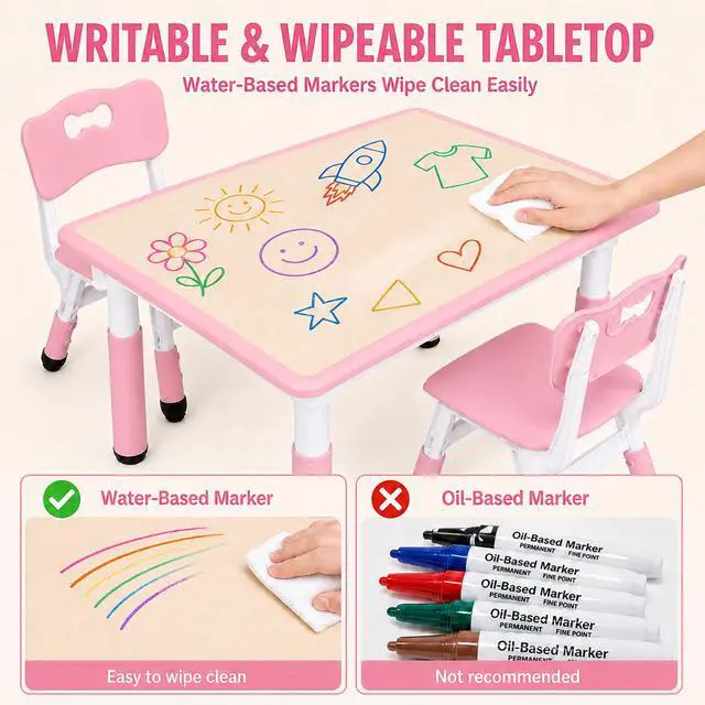 Alt view image 5 of 6 - Kids Table and Chairs Set, Height Adjustable Toddler Activity Table with 2 Chairs, Plastic Study Desk for Drawing, Crafts, Reading, Snack Time and Playroom, Ages 2-10