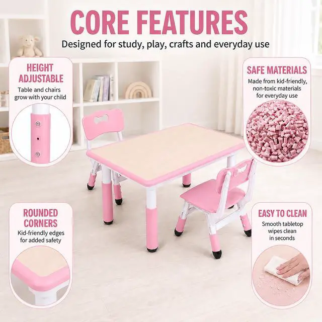 Alt view image 6 of 6 - Kids Table and Chairs Set, Height Adjustable Toddler Activity Table with 2 Chairs, Plastic Study Desk for Drawing, Crafts, Reading, Snack Time and Playroom, Ages 2-10