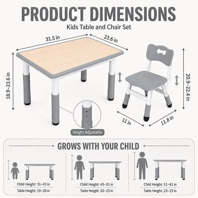 Alt view image 2 of 6 - Kids Table and Chairs Set, Height Adjustable Toddler Activity Table with 2 Chairs, Plastic Study Desk for Drawing, Crafts, Reading, Snack Time and Playroom, Ages 2-10