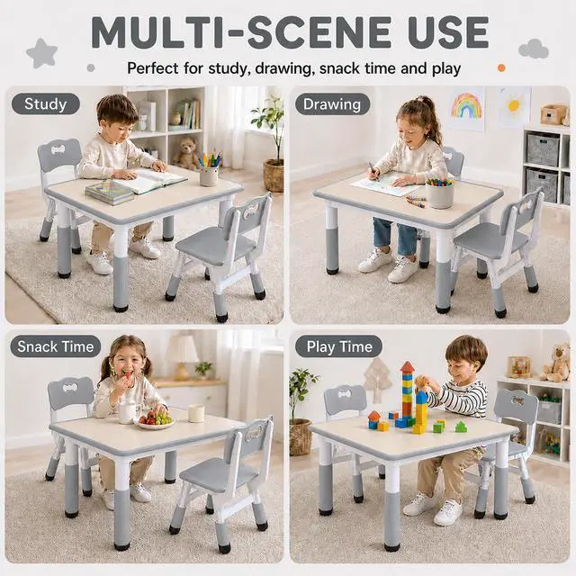 Alt view image 3 of 6 - Kids Table and Chairs Set, Height Adjustable Toddler Activity Table with 2 Chairs, Plastic Study Desk for Drawing, Crafts, Reading, Snack Time and Playroom, Ages 2-10