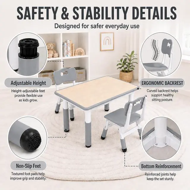 Alt view image 4 of 6 - Kids Table and Chairs Set, Height Adjustable Toddler Activity Table with 2 Chairs, Plastic Study Desk for Drawing, Crafts, Reading, Snack Time and Playroom, Ages 2-10