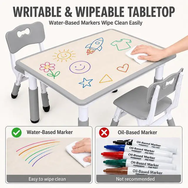 Alt view image 5 of 6 - Kids Table and Chairs Set, Height Adjustable Toddler Activity Table with 2 Chairs, Plastic Study Desk for Drawing, Crafts, Reading, Snack Time and Playroom, Ages 2-10