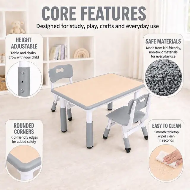 Alt view image 6 of 6 - Kids Table and Chairs Set, Height Adjustable Toddler Activity Table with 2 Chairs, Plastic Study Desk for Drawing, Crafts, Reading, Snack Time and Playroom, Ages 2-10