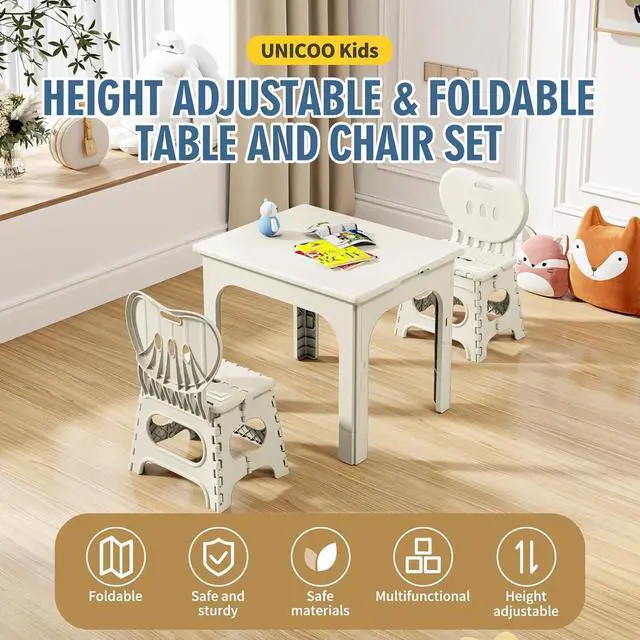 Alt view image 2 of 6 - Foldable Table and Chair Set, Height Adjustable Portable Activity Table with 2 Folding Chairs, Indoor Outdoor Kids Adults Table Set for Study, Crafts, Camping, Picnic, Snacks, Small Spaces
