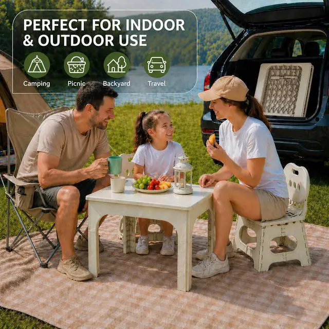 Alt view image 4 of 6 - Foldable Table and Chair Set, Height Adjustable Portable Activity Table with 2 Folding Chairs, Indoor Outdoor Kids Adults Table Set for Study, Crafts, Camping, Picnic, Snacks, Small Spaces