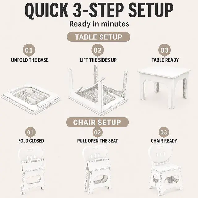 Alt view image 6 of 6 - Foldable Table and Chair Set, Height Adjustable Portable Activity Table with 2 Folding Chairs, Indoor Outdoor Kids Adults Table Set for Study, Crafts, Camping, Picnic, Snacks, Small Spaces