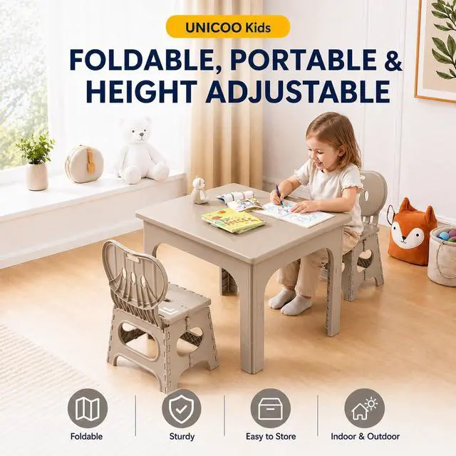 Alt view image 2 of 6 - Foldable Kids Table and 2 Chairs Set, Portable Height Adjustable Toddler Activity Table, Indoor Outdoor Folding Table Set for Study, Crafts, Snack, Picnic, Playroom and Patio