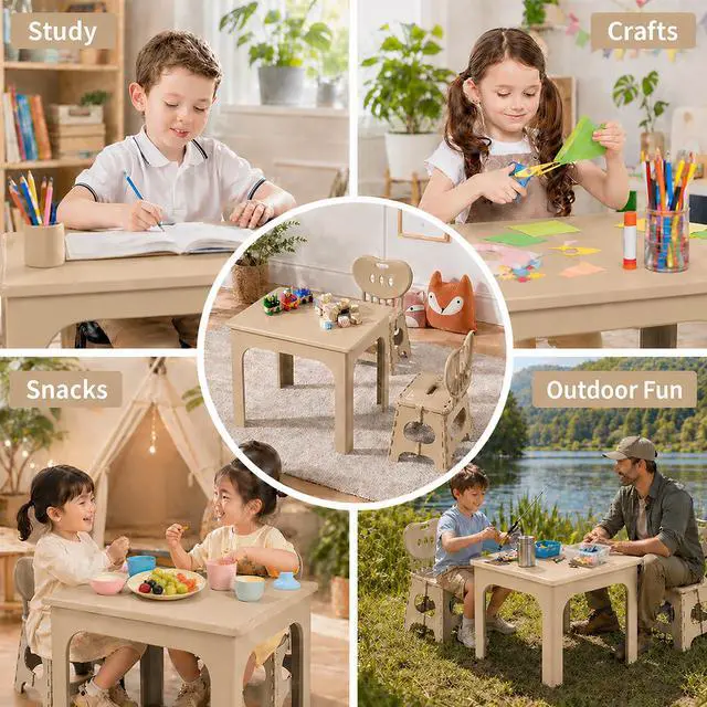 Alt view image 3 of 6 - Foldable Kids Table and 2 Chairs Set, Portable Height Adjustable Toddler Activity Table, Indoor Outdoor Folding Table Set for Study, Crafts, Snack, Picnic, Playroom and Patio