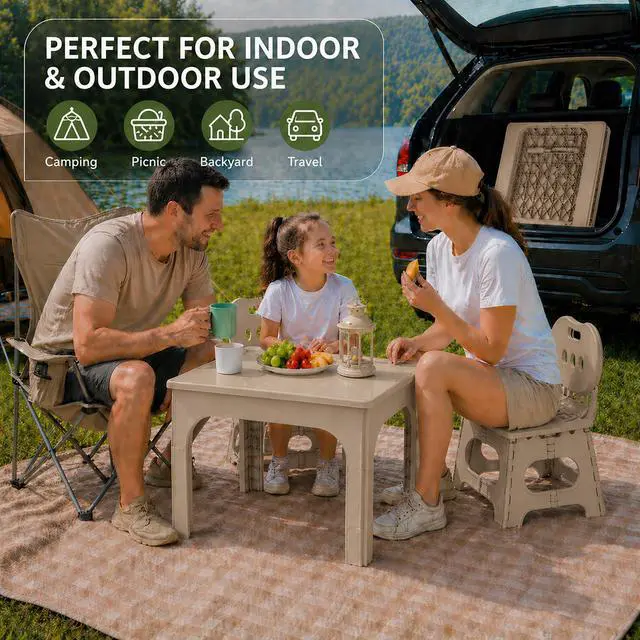 Alt view image 4 of 6 - Foldable Kids Table and 2 Chairs Set, Portable Height Adjustable Toddler Activity Table, Indoor Outdoor Folding Table Set for Study, Crafts, Snack, Picnic, Playroom and Patio