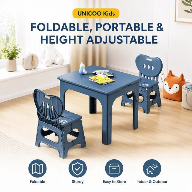 Alt view image 2 of 6 - Foldable Table and Chair Set, Height Adjustable Portable Activity Table with 2 Folding Chairs, Indoor Outdoor Kids Adults Table Set for Study, Crafts, Camping, Picnic, Snacks, Small Spaces
