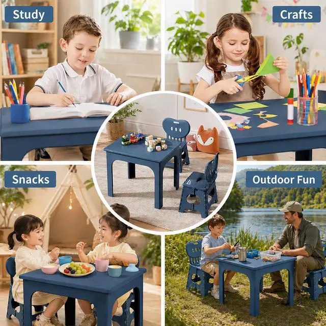 Alt view image 3 of 6 - Foldable Table and Chair Set, Height Adjustable Portable Activity Table with 2 Folding Chairs, Indoor Outdoor Kids Adults Table Set for Study, Crafts, Camping, Picnic, Snacks, Small Spaces