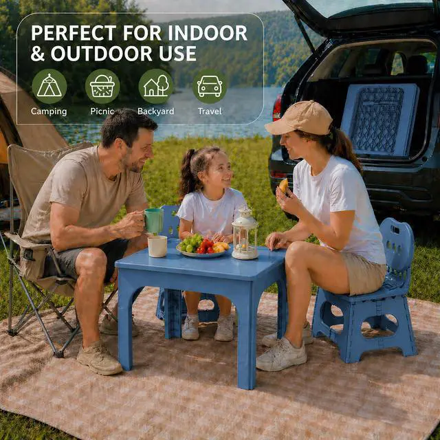 Alt view image 4 of 6 - Foldable Table and Chair Set, Height Adjustable Portable Activity Table with 2 Folding Chairs, Indoor Outdoor Kids Adults Table Set for Study, Crafts, Camping, Picnic, Snacks, Small Spaces