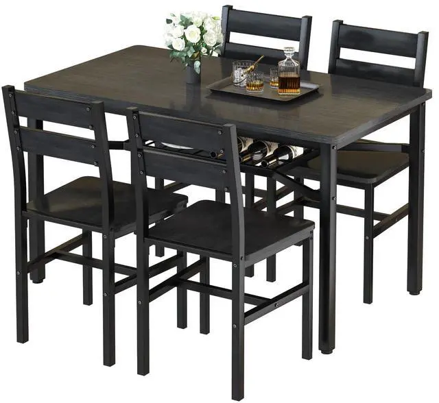 Main image of Dining Table Set for 4, Wood Kitchen Table Chairs Set with Storage, Farmhouse 5 Piece Dining Room Table Set, Space-Saving Dinette Set for Breakfast Nook, Apartment (Black)