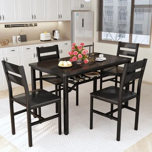 Alt view image 2 of 6 - Dining Table Set for 4, Wood Kitchen Table Chairs Set with Storage, Farmhouse 5 Piece Dining Room Table Set, Space-Saving Dinette Set for Breakfast Nook, Apartment (Black)