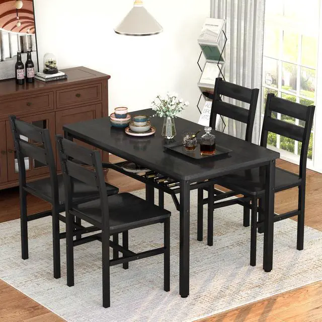 Alt view image 5 of 6 - Dining Table Set for 4, Wood Kitchen Table Chairs Set with Storage, Farmhouse 5 Piece Dining Room Table Set, Space-Saving Dinette Set for Breakfast Nook, Apartment (Black)