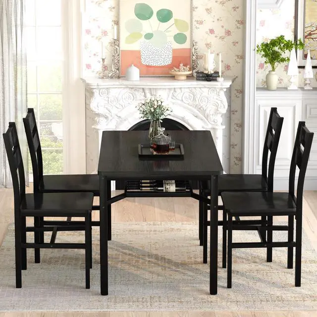 Alt view image 6 of 6 - Dining Table Set for 4, Wood Kitchen Table Chairs Set with Storage, Farmhouse 5 Piece Dining Room Table Set, Space-Saving Dinette Set for Breakfast Nook, Apartment (Black)