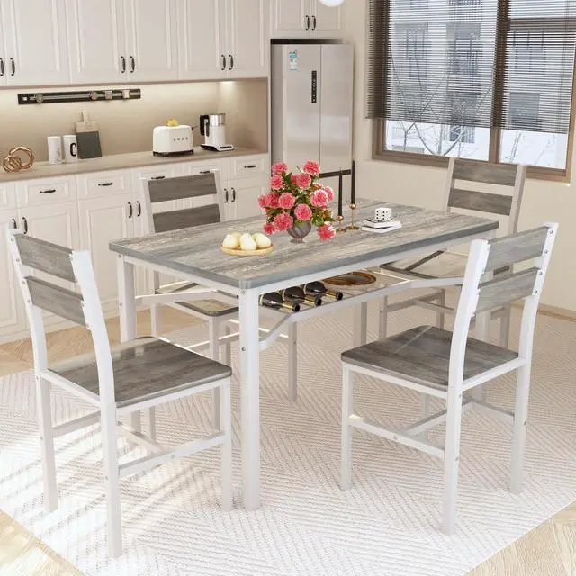 Alt view image 2 of 6 - Dining Table Set for 4, Wood Kitchen Table Chairs Set with Storage, Farmhouse 5 Piece Dining Room Table Set, Space-Saving Dinette Set for Breakfast Nook, Apartment