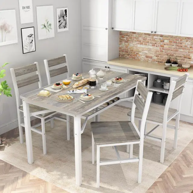 Alt view image 4 of 6 - Dining Table Set for 4, Wood Kitchen Table Chairs Set with Storage, Farmhouse 5 Piece Dining Room Table Set, Space-Saving Dinette Set for Breakfast Nook, Apartment