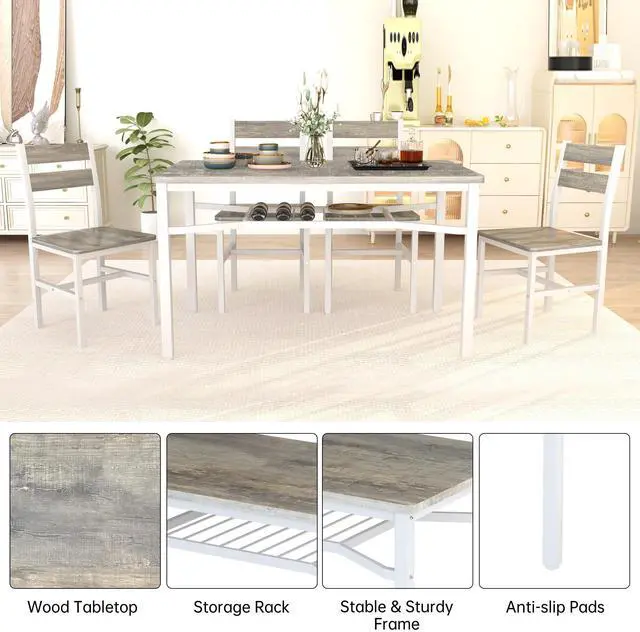 Alt view image 6 of 6 - Dining Table Set for 4, Wood Kitchen Table Chairs Set with Storage, Farmhouse 5 Piece Dining Room Table Set, Space-Saving Dinette Set for Breakfast Nook, Apartment
