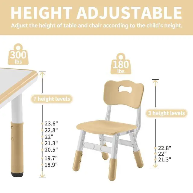 Alt view image 2 of 6 - Toddler Table and Chairs Set for 4, 47.2''L x 23.6''W Kids Study Table and Chair Set, Height-Adjustable, Graffiti Desktop, Children Activity Table for Daycare, Classroom, Home