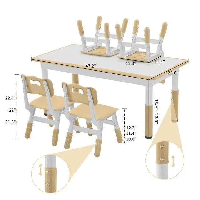 Alt view image 3 of 6 - Toddler Table and Chairs Set for 4, 47.2''L x 23.6''W Kids Study Table and Chair Set, Height-Adjustable, Graffiti Desktop, Children Activity Table for Daycare, Classroom, Home