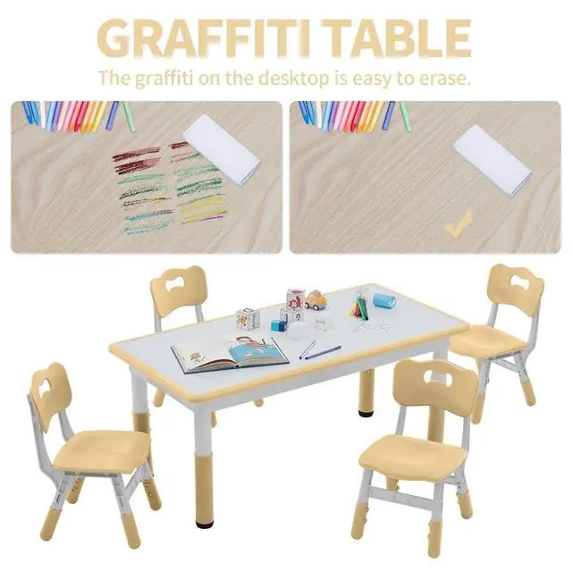 Alt view image 4 of 6 - Toddler Table and Chairs Set for 4, 47.2''L x 23.6''W Kids Study Table and Chair Set, Height-Adjustable, Graffiti Desktop, Children Activity Table for Daycare, Classroom, Home